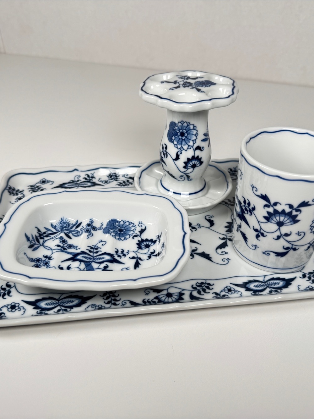 Vintage Blue Danube Japan Porcelain Vanity Tray Set Blue Onion 4 Piece